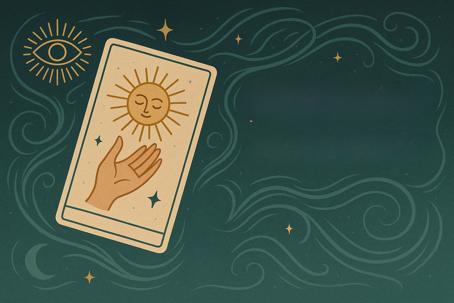 Tarot card with sun, hand, and eye design on a dark green background with star and wave patterns.