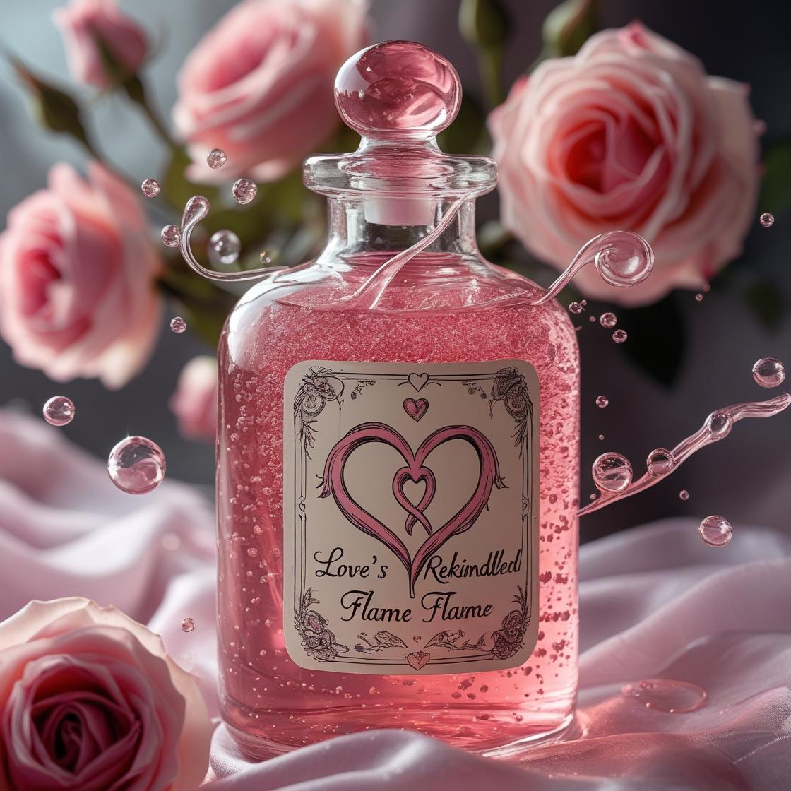 Pink bottle labeled 'Love's Rekindled Flame' surrounded by pink roses.