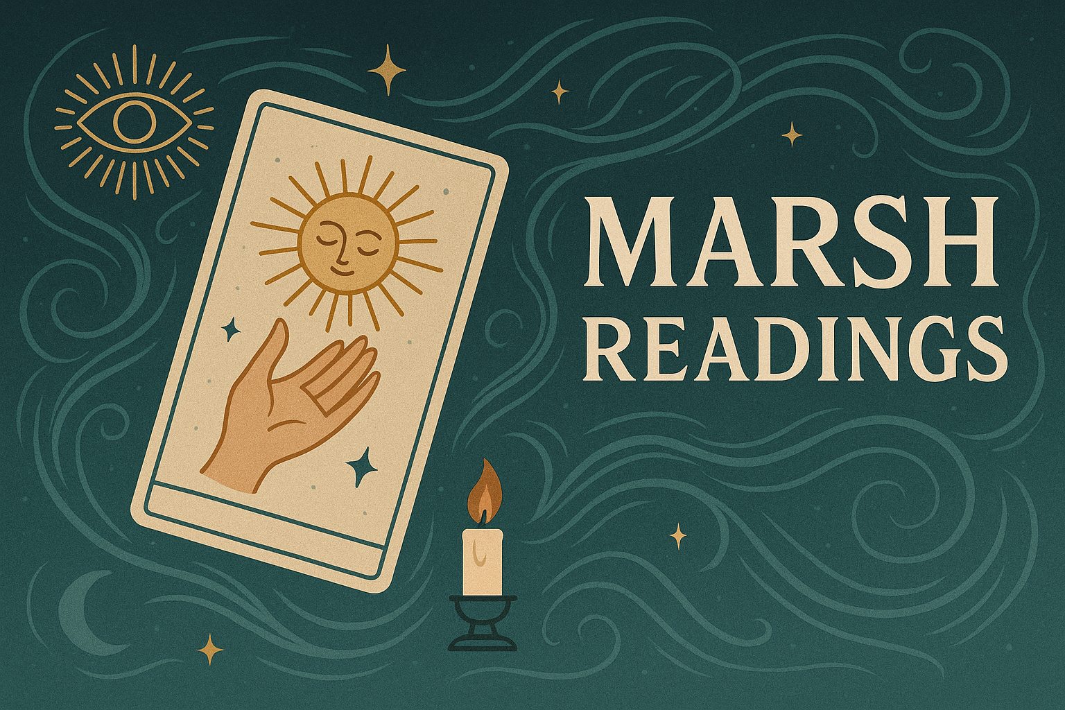 Tarot card with sun and hand design, candle, and 'Marsh Readings' text on a dark green background.