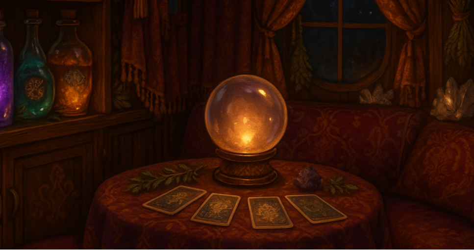 Bottle of spells lined up in a gypsy psychic camper van 